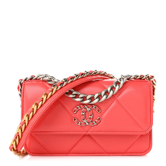 Lambskin Quilted Chanel 19 Flap Phone Holder With Chain Coral