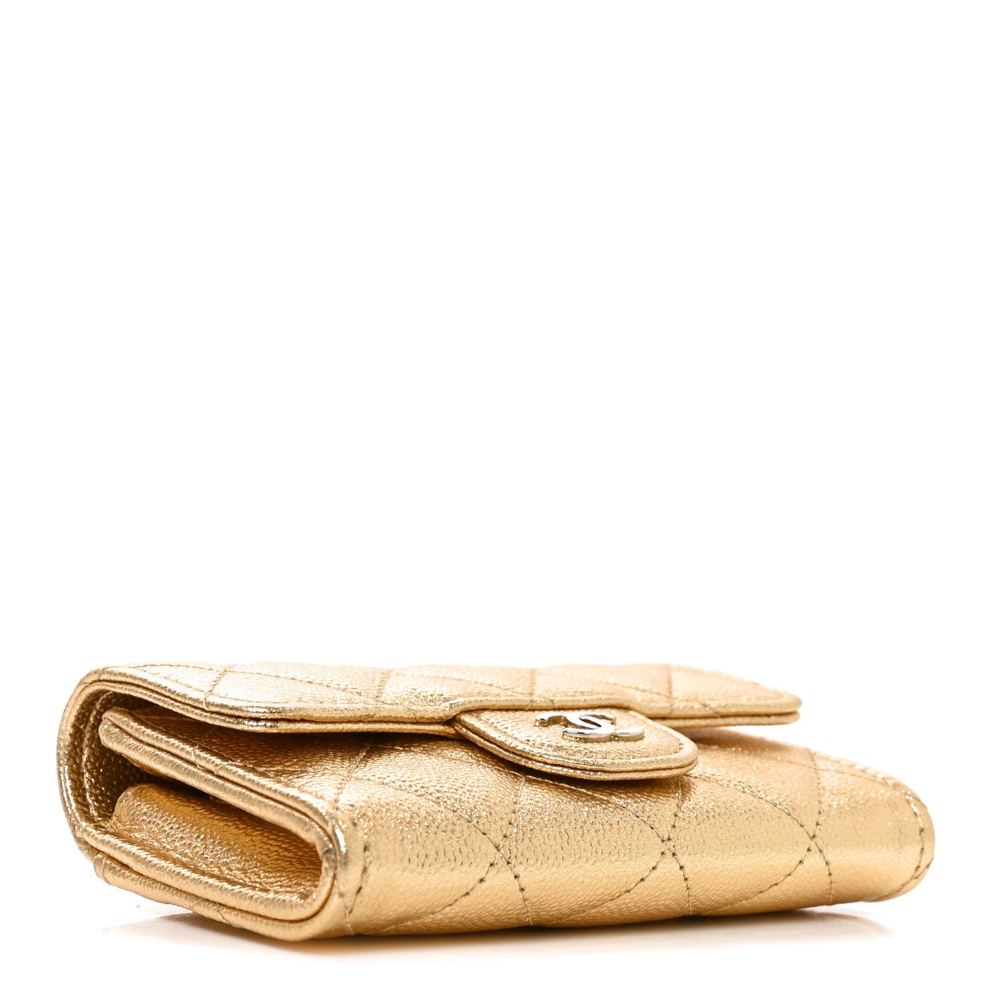 Metallic Caviar Quilted Flap Card Holder Wallet Gold