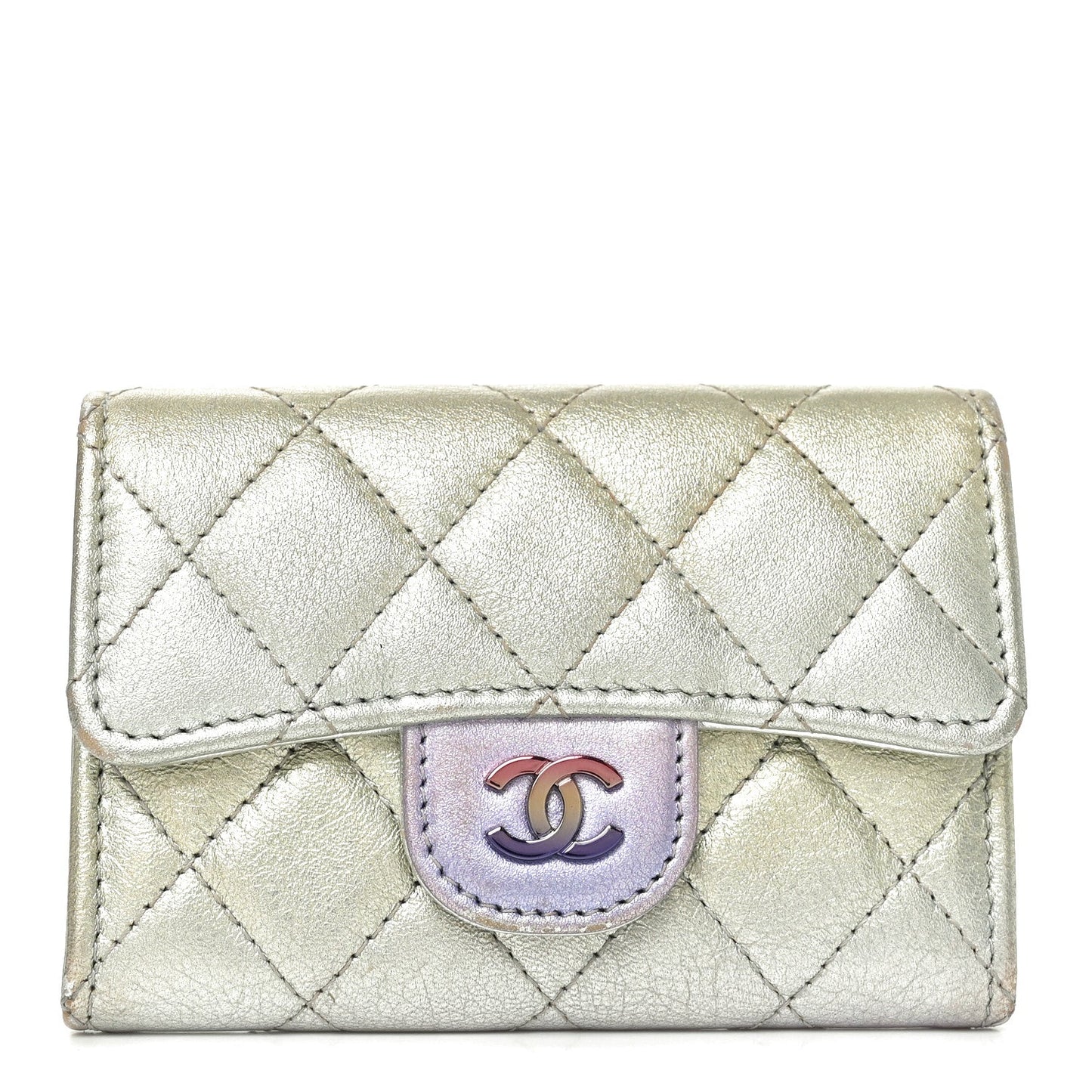 Gradient Metallic Calfskin Quilted Flap Card Holder Wallet Silver Blue Yellow Purple