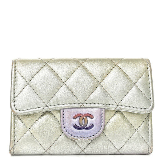 Gradient Metallic Calfskin Quilted Flap Card Holder Wallet Silver Blue Yellow Purple