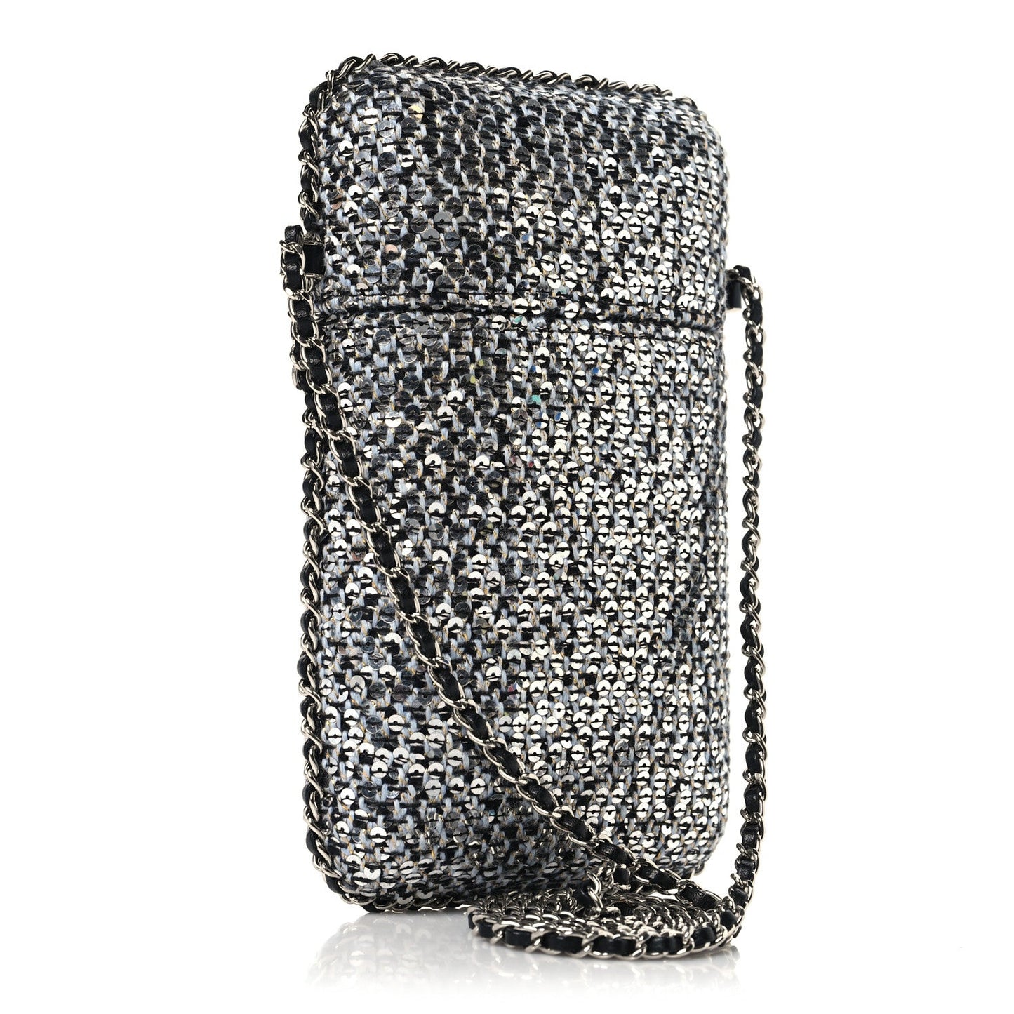 Tweed Sequin Chain Around Phone Holder Silver Black