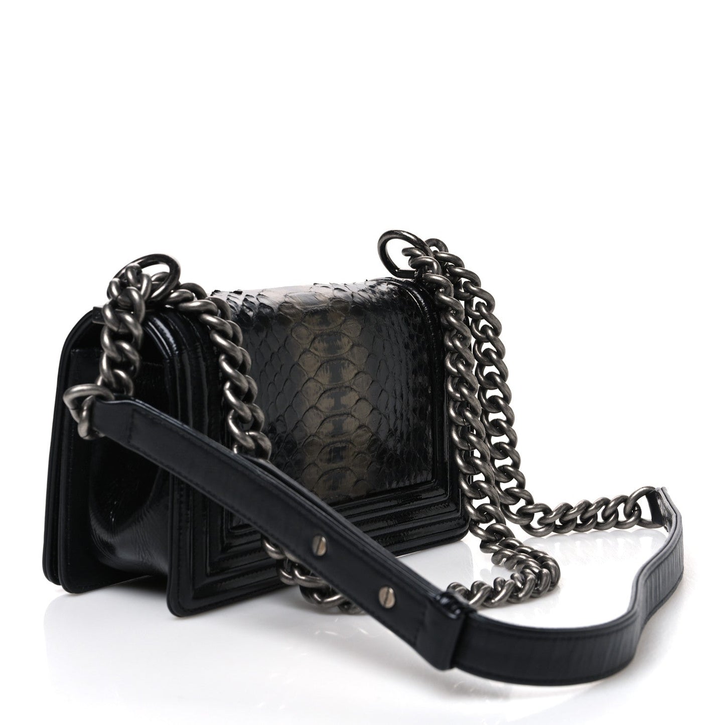 Patent Calfskin Snakeskin Small Boy Flap Black Silver