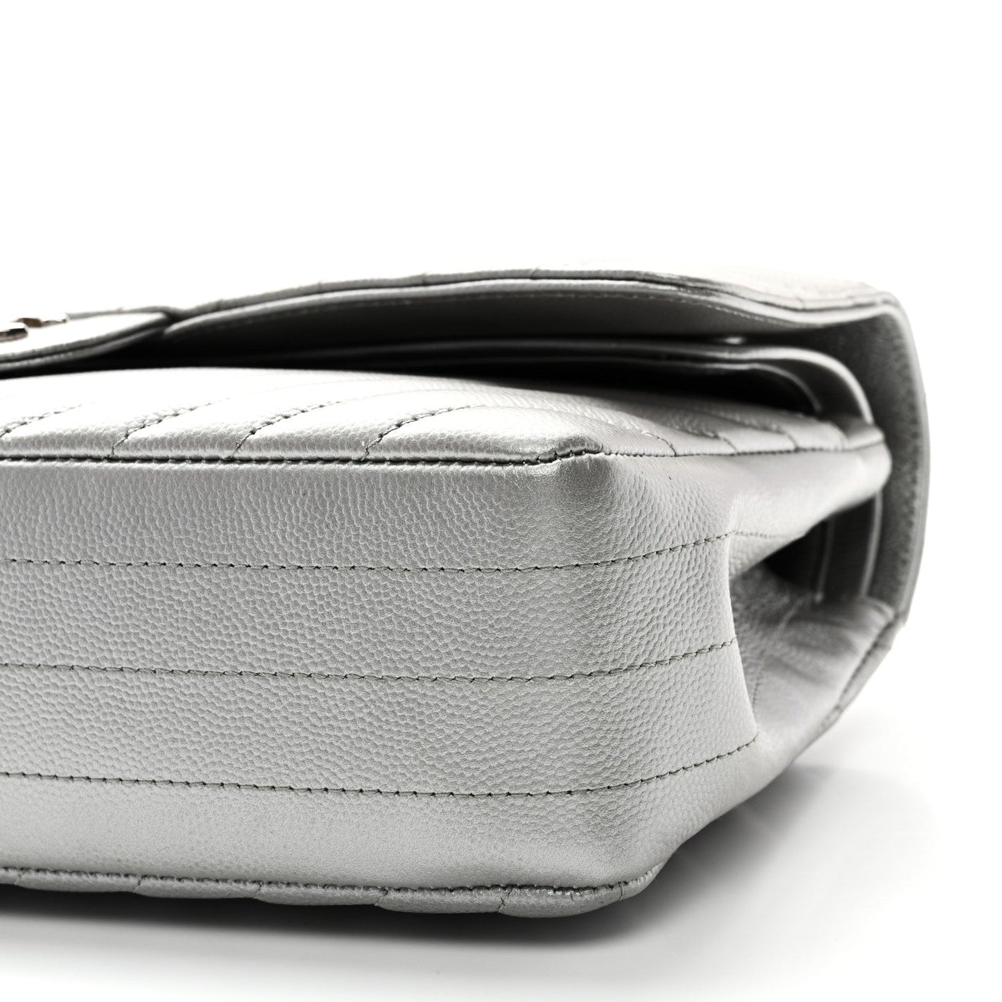 Metallic Caviar Chevron Quilted Medium Double Flap Silver