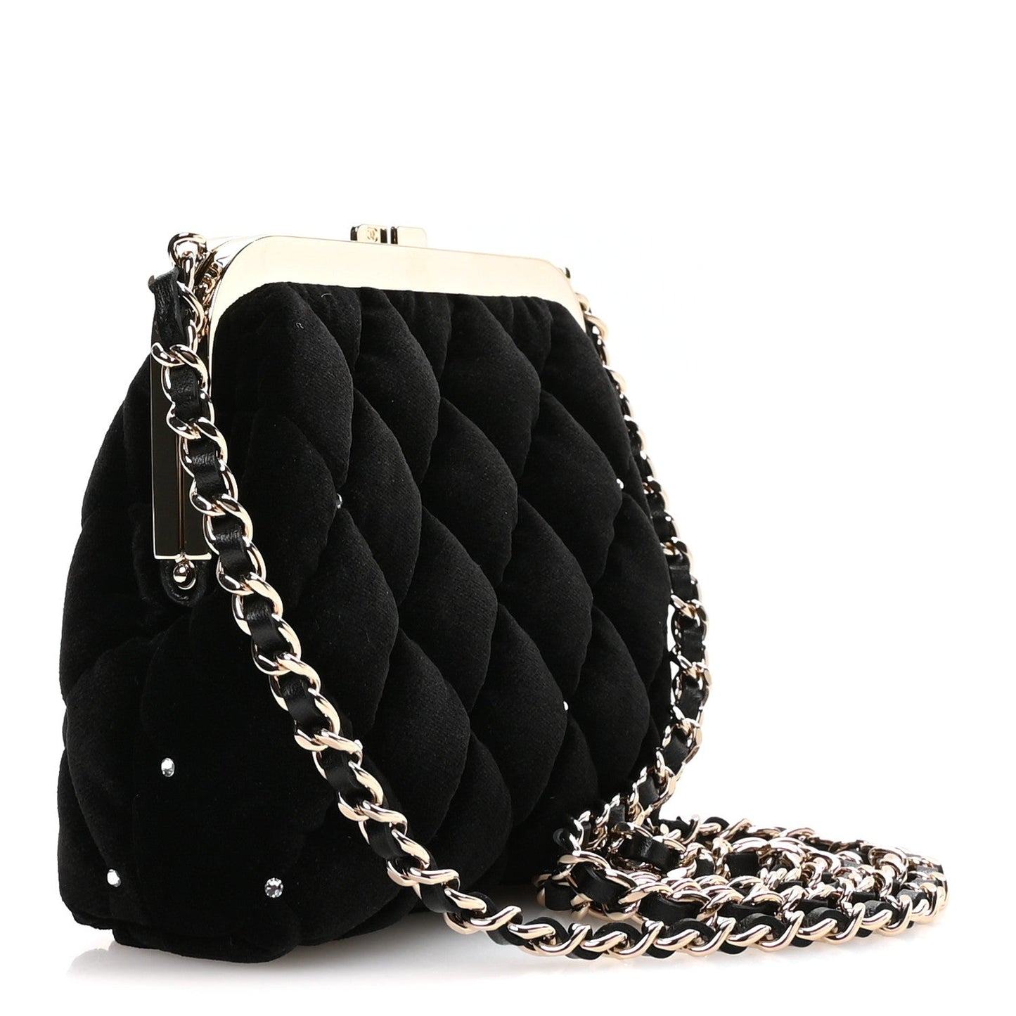 Velvet Diamante Quilted Kiss Lock Clutch Black