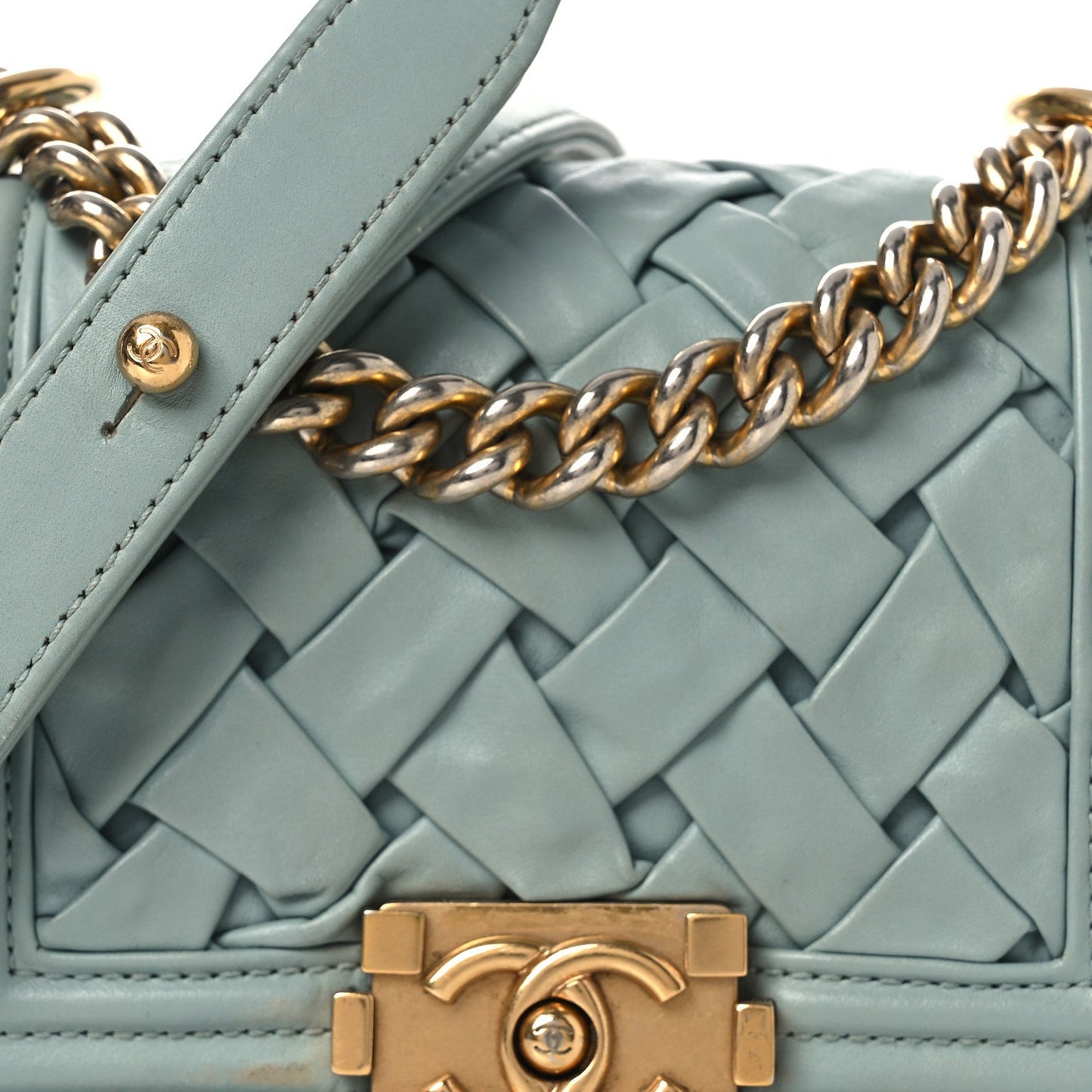 Lambskin Woven Mini Chateau Boy Flap Light Blue