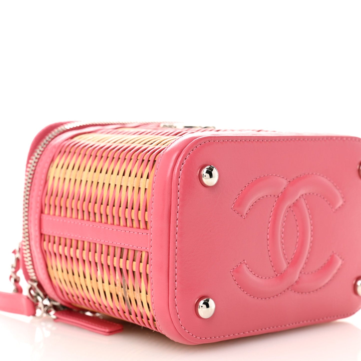 Calfskin Raffia Small Take Away Vanity Case Bag Pink Beige