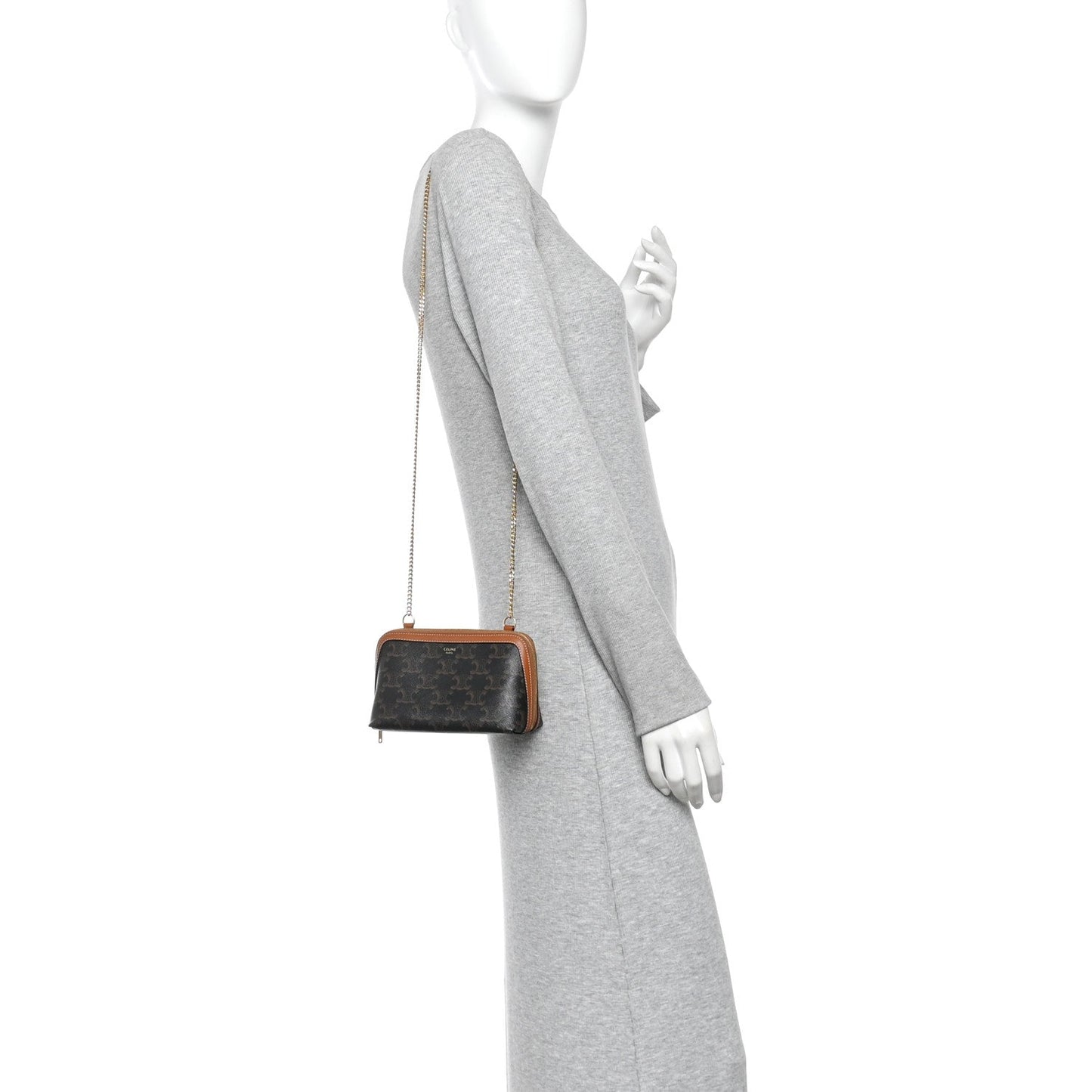 Triomphe Canvas Lambskin Clutch On Chain Tan