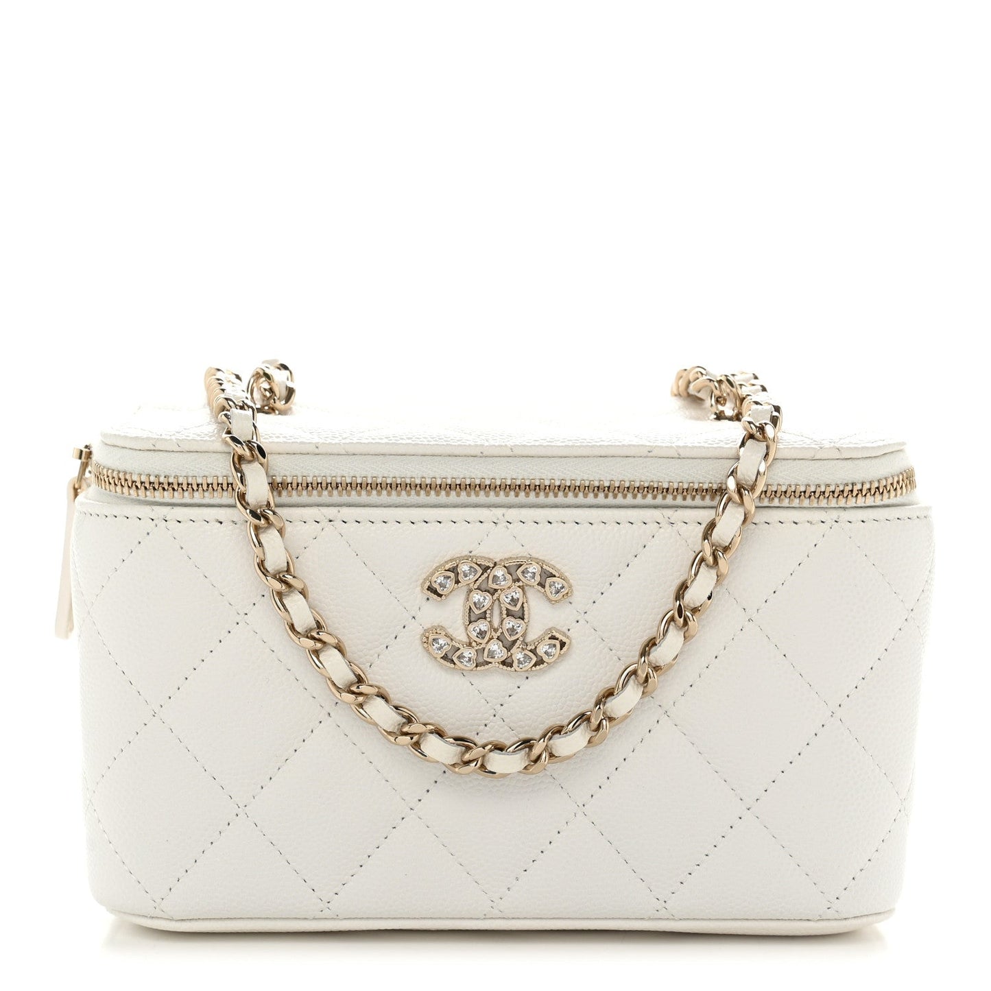 Caviar Quilted Crystal Hearts Small Vanity Case With Chain White