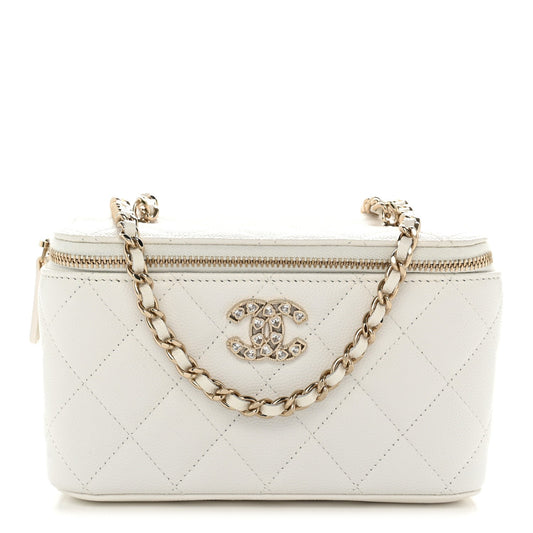 Caviar Quilted Crystal Hearts Small Vanity Case With Chain White
