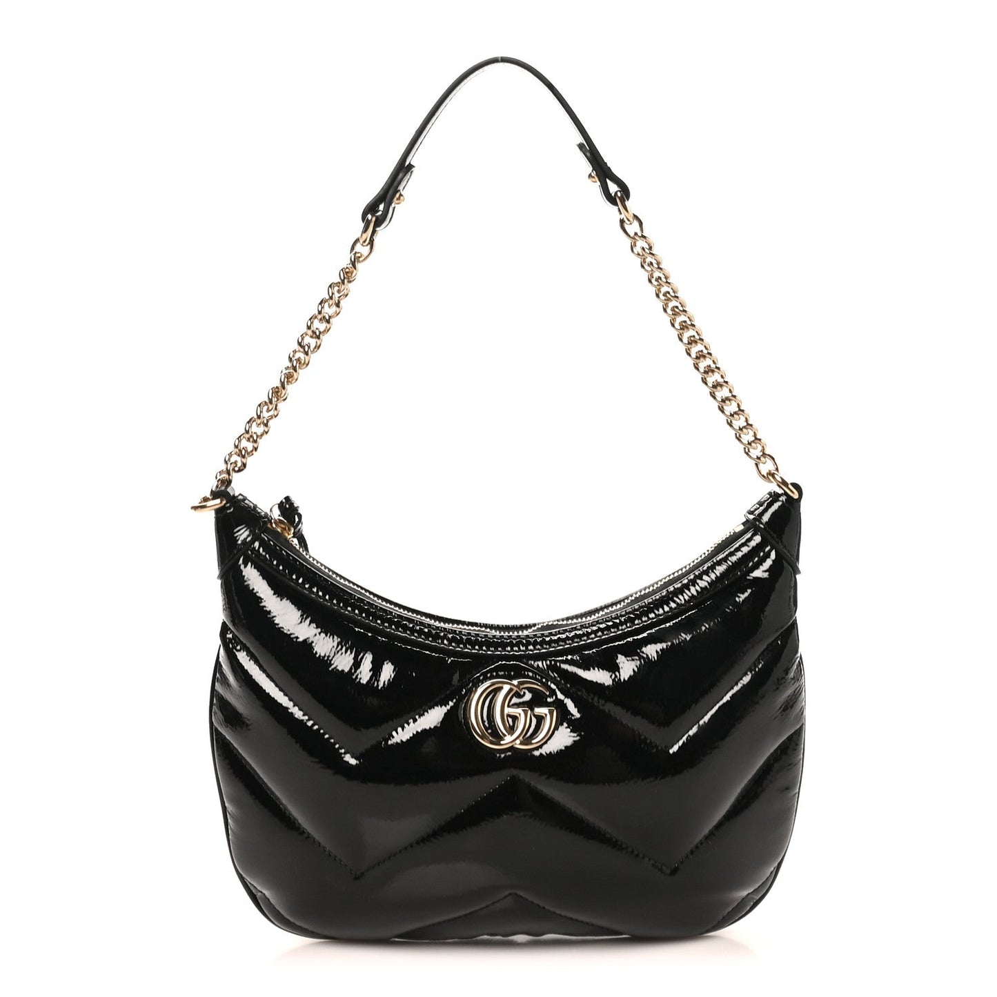 Patent Calfskin Matelasse GG Marmont Half Moon Hobo Black
