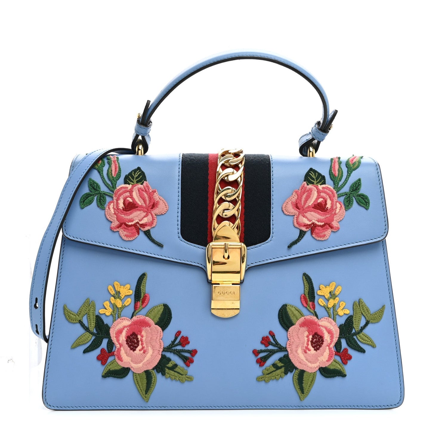 Calfskin Embroidered Medium Sylvie Top Handle Bag Clear Sky Blue