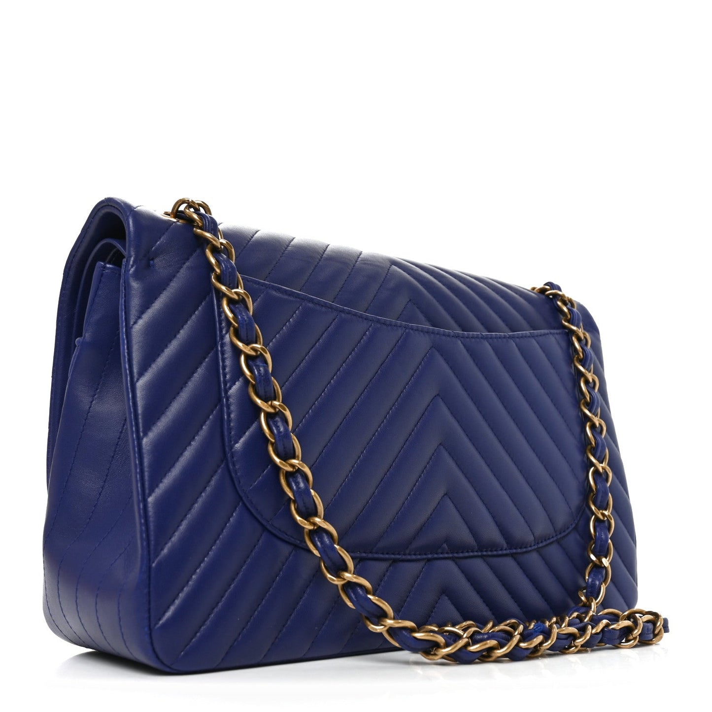 Lambskin Chevron Quilted Jumbo Double Flap Navy Blue