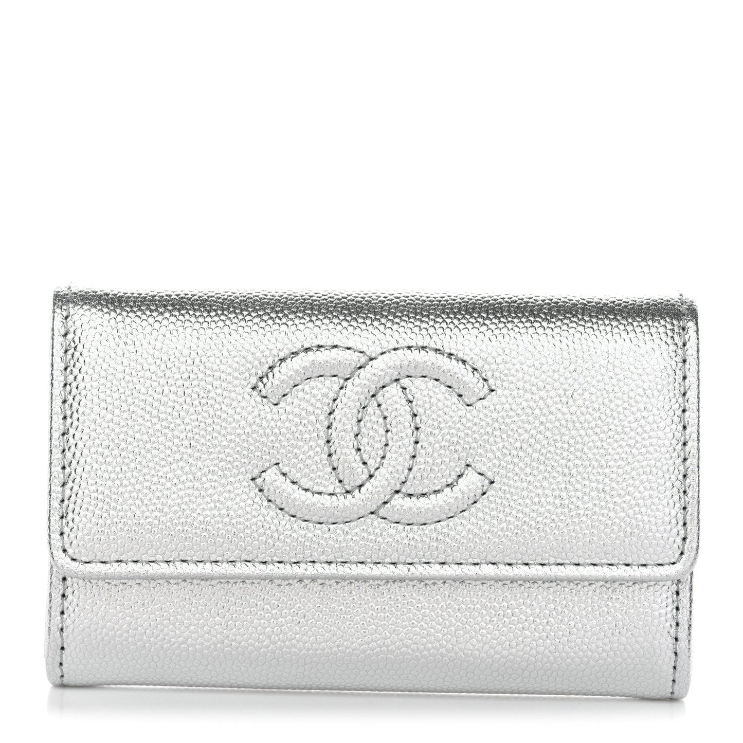 Metallic Caviar Timeless CC Flap Card Holder Silver
