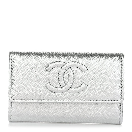 Metallic Caviar Timeless CC Flap Card Holder Silver