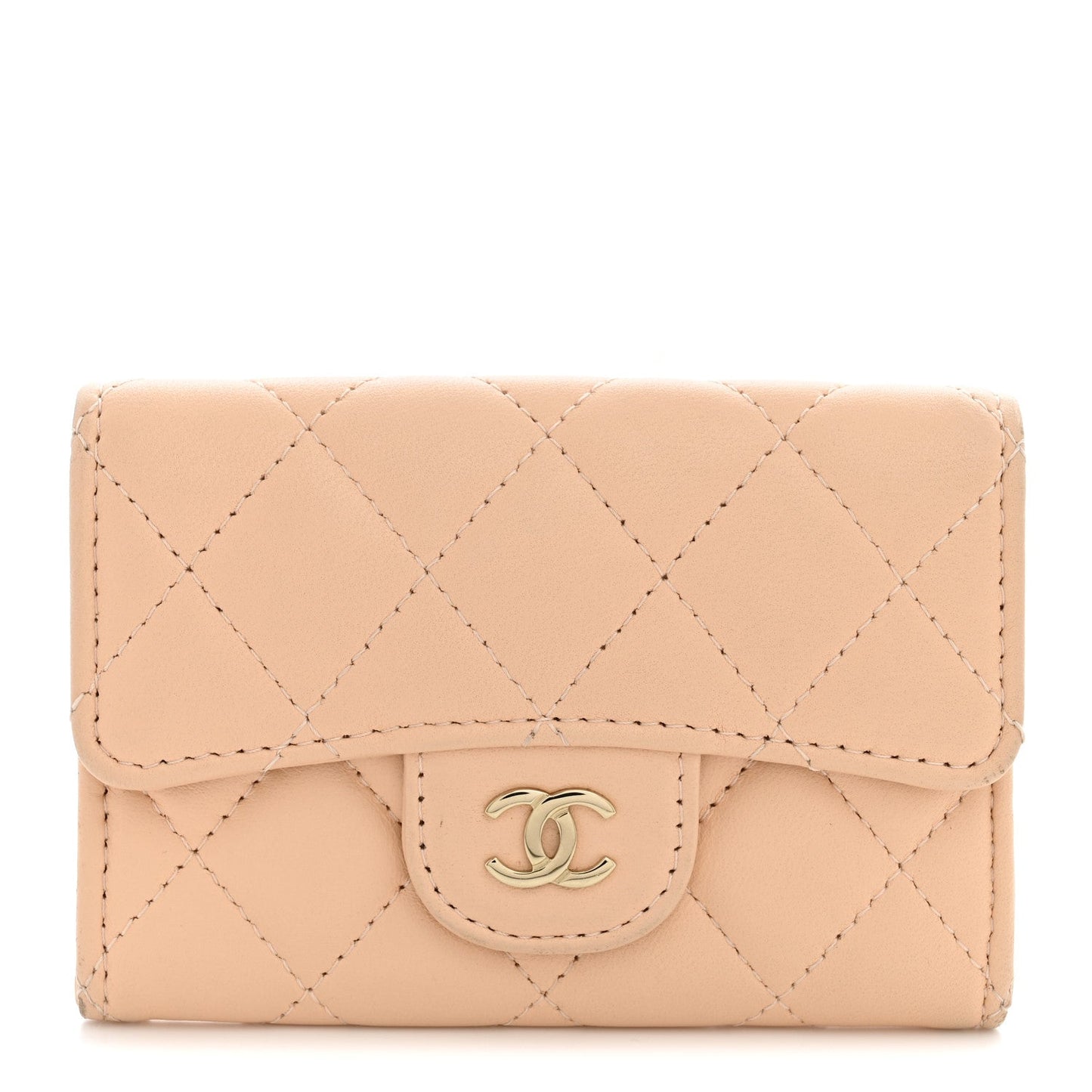 Lambskin Quilted Flap Card Holder Wallet Beige