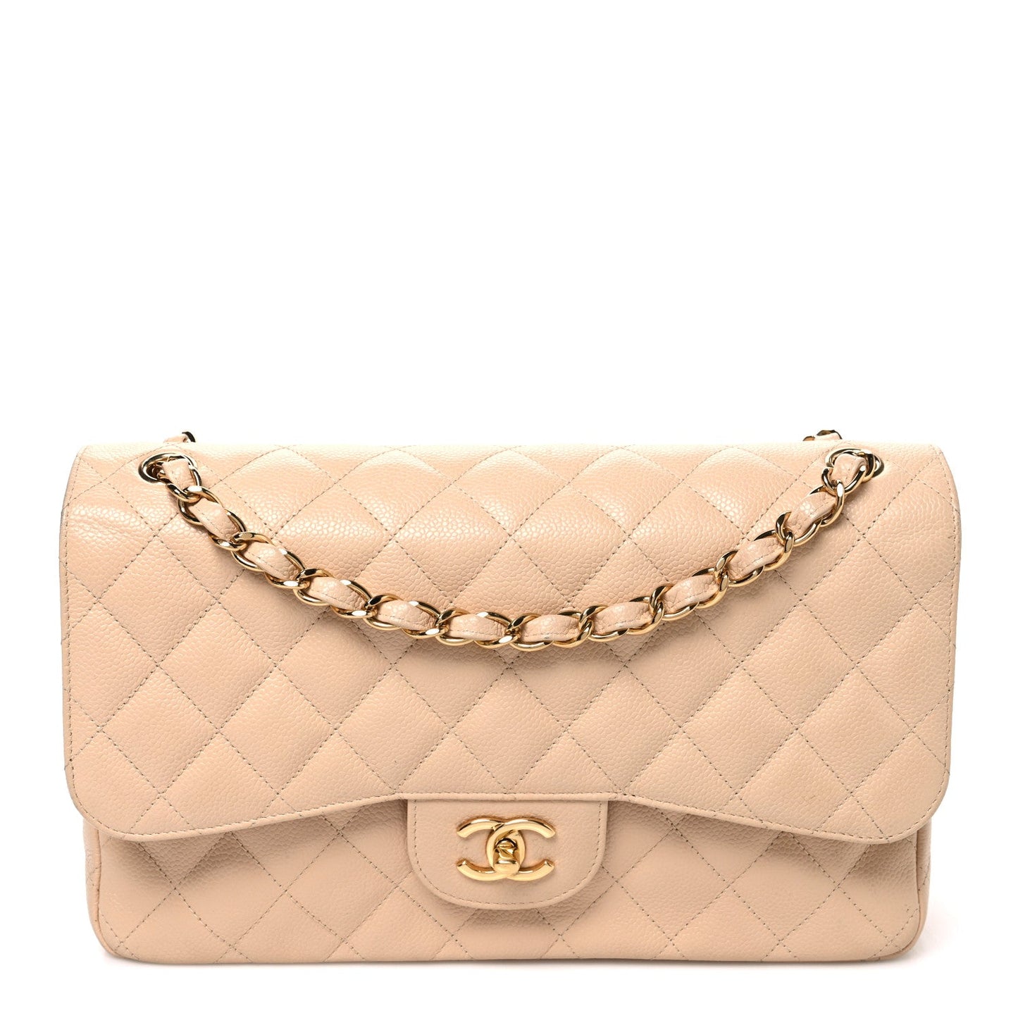 Caviar Quilted Jumbo Double Flap Beige