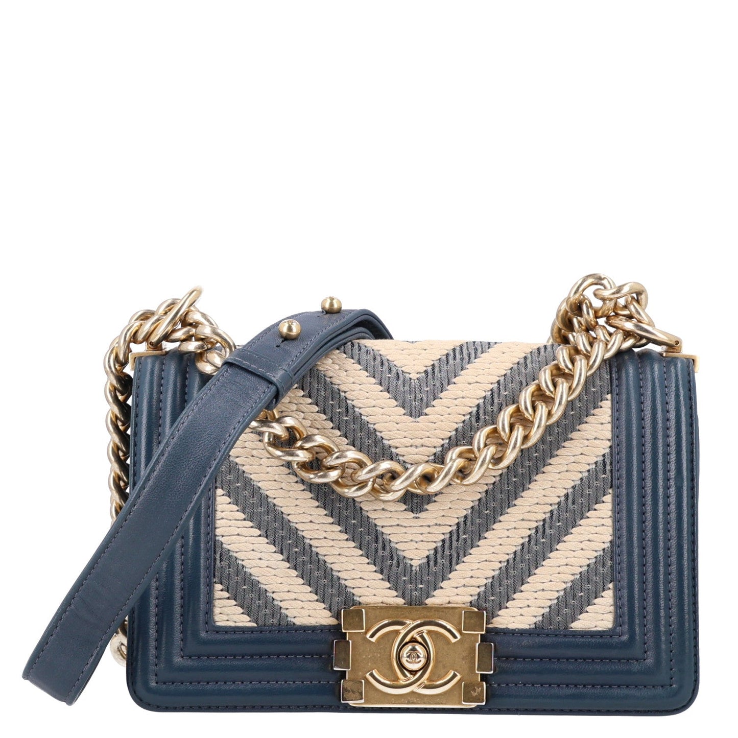 Fabric Chevron Braided Small Boy Flap Blue Ivory
