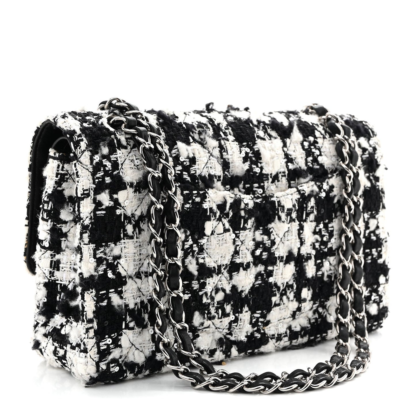 Tweed Sequin Quilted Medium Double Flap Black White