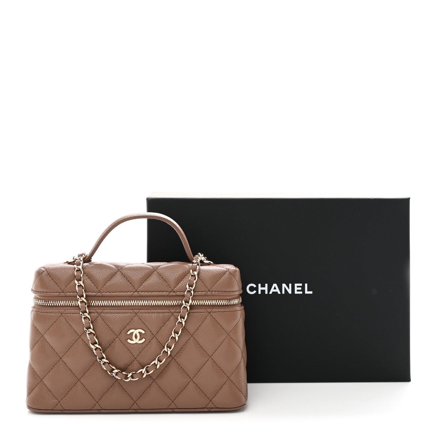 Caviar Quilted Top Handle Slim Vanity With Chain Dark Beige Dark Beige