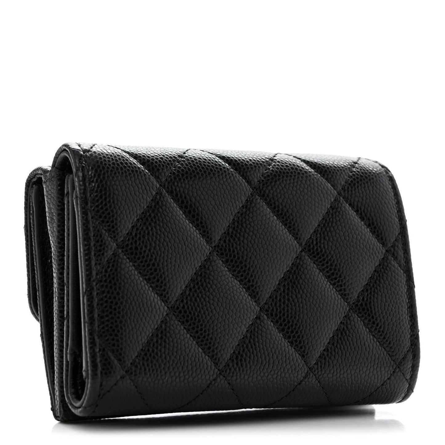 Caviar Quilted Textured CC Tri-Fold Flap Wallet Black