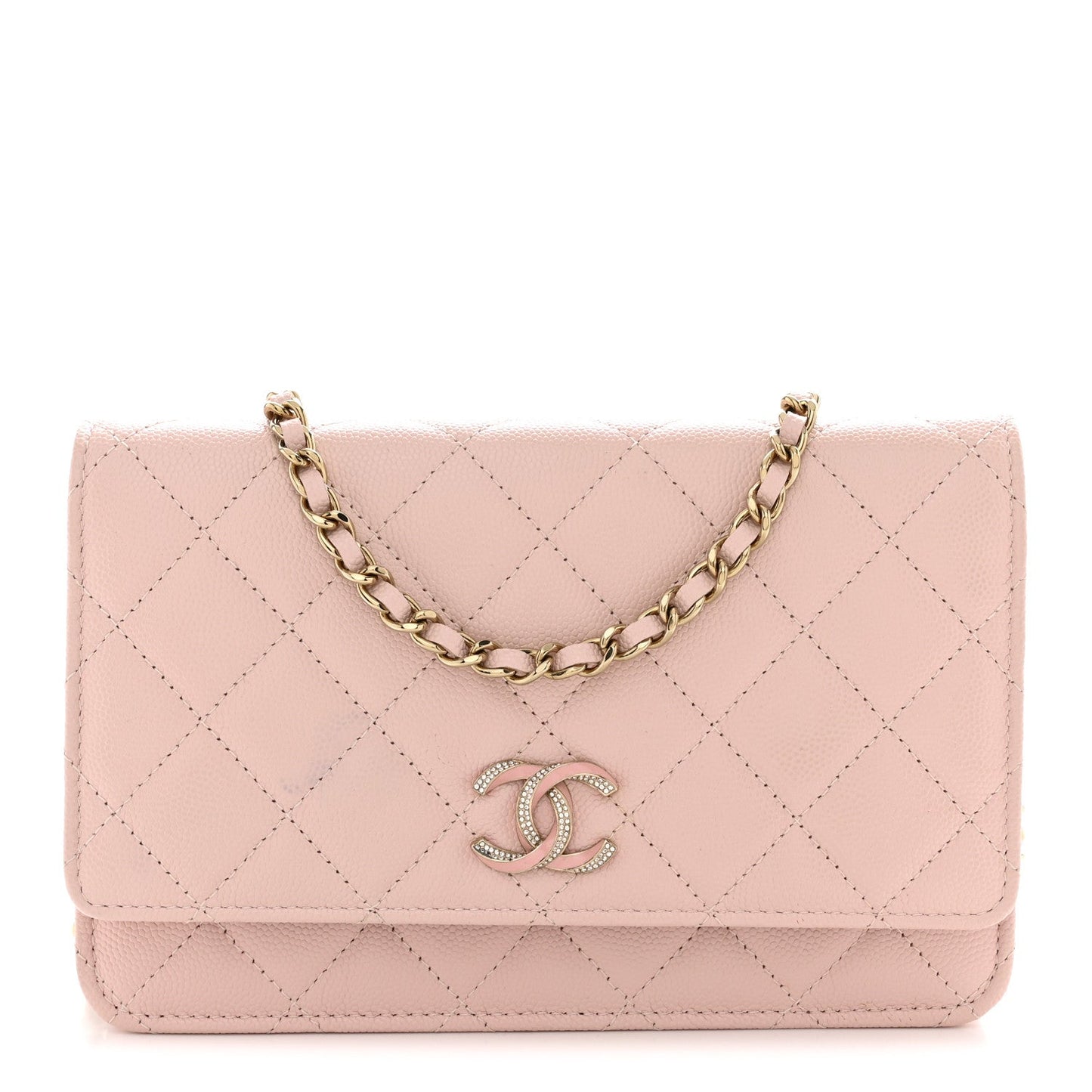 Caviar Quilted Crystal Enamel CC Wallet On Chain WOC Light Pink