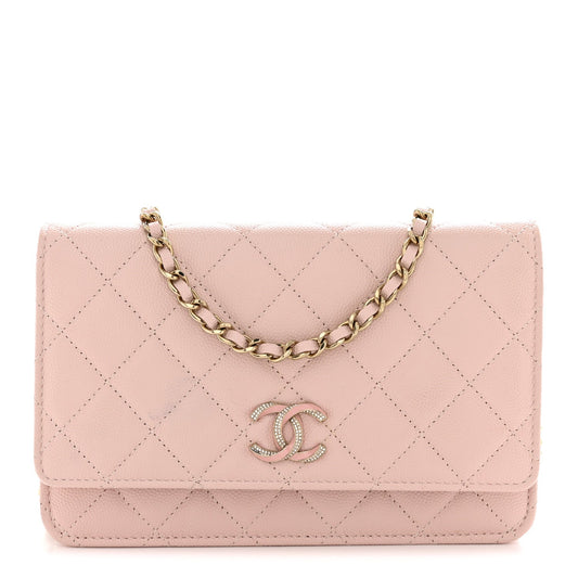 Caviar Quilted Crystal Enamel CC Wallet On Chain WOC Light Pink