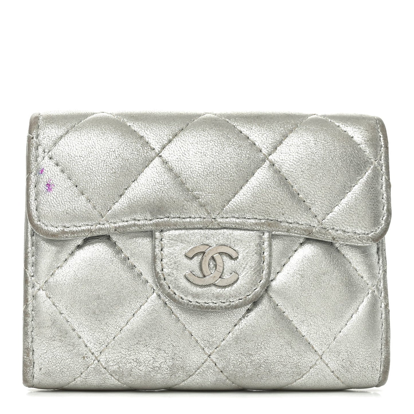 Metallic Lambskin Quilted Flap Card Holder Wallet Silver