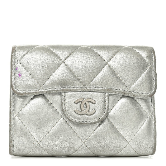 Metallic Lambskin Quilted Flap Card Holder Wallet Silver