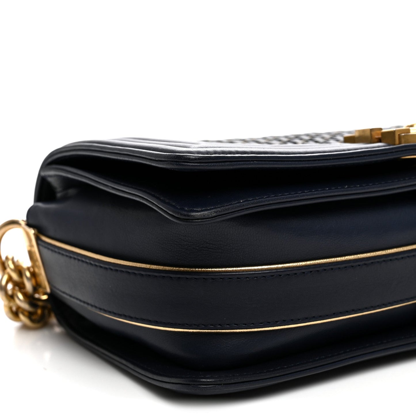 Lambskin Braided Woven Medium Boy Flap  Navy
