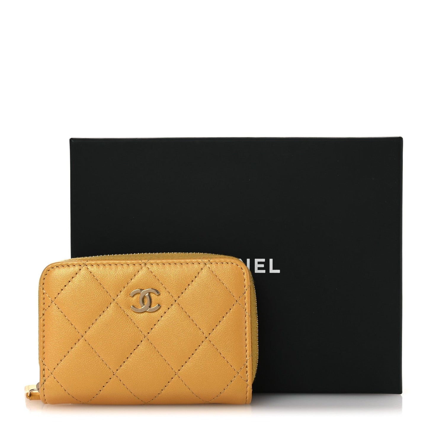 Metallic Lambskin Quilted Zip Around Coin Purse Wallet Yellow