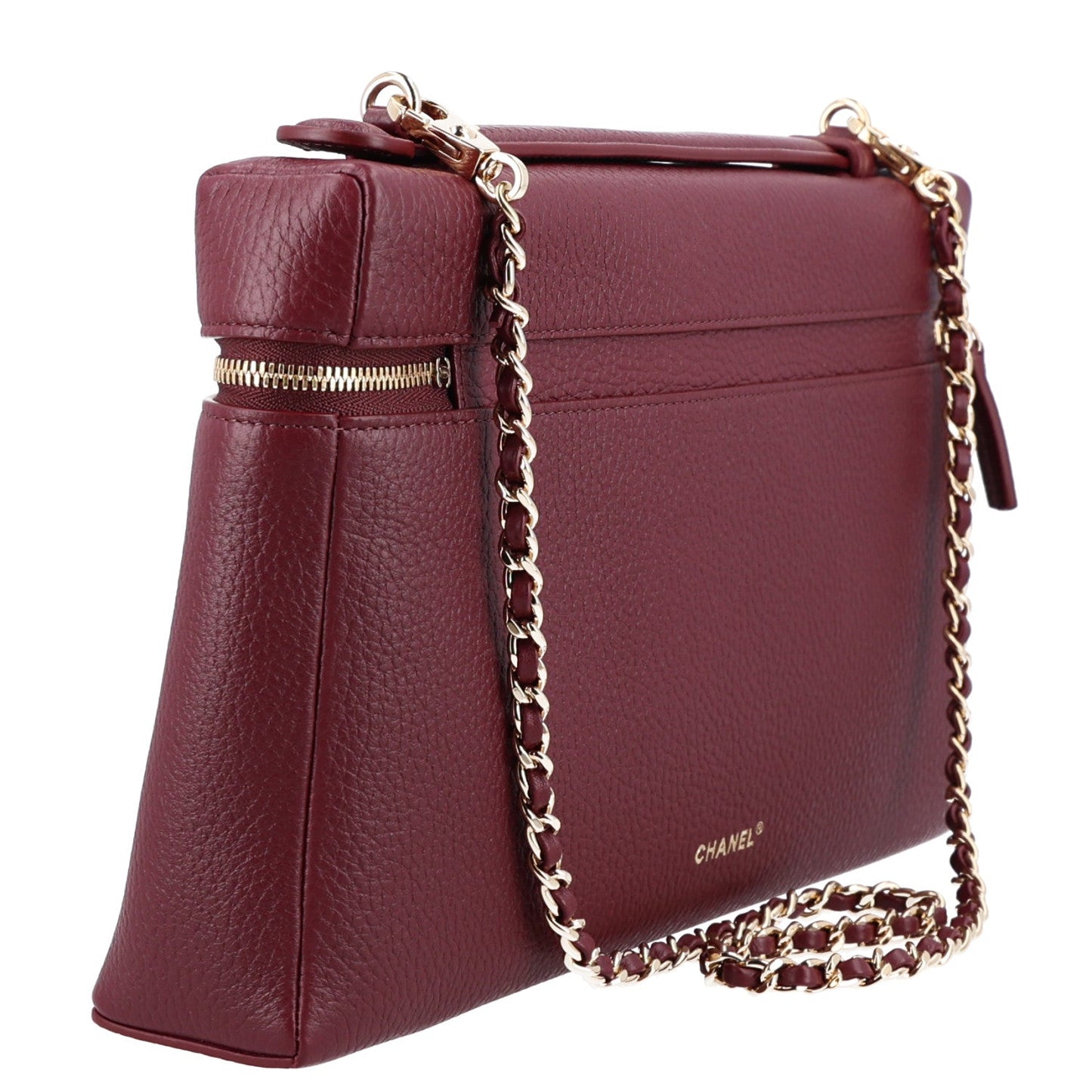 Grained Calfskin Top Handle Slim Vanity Case With Chain Dark Burgundy