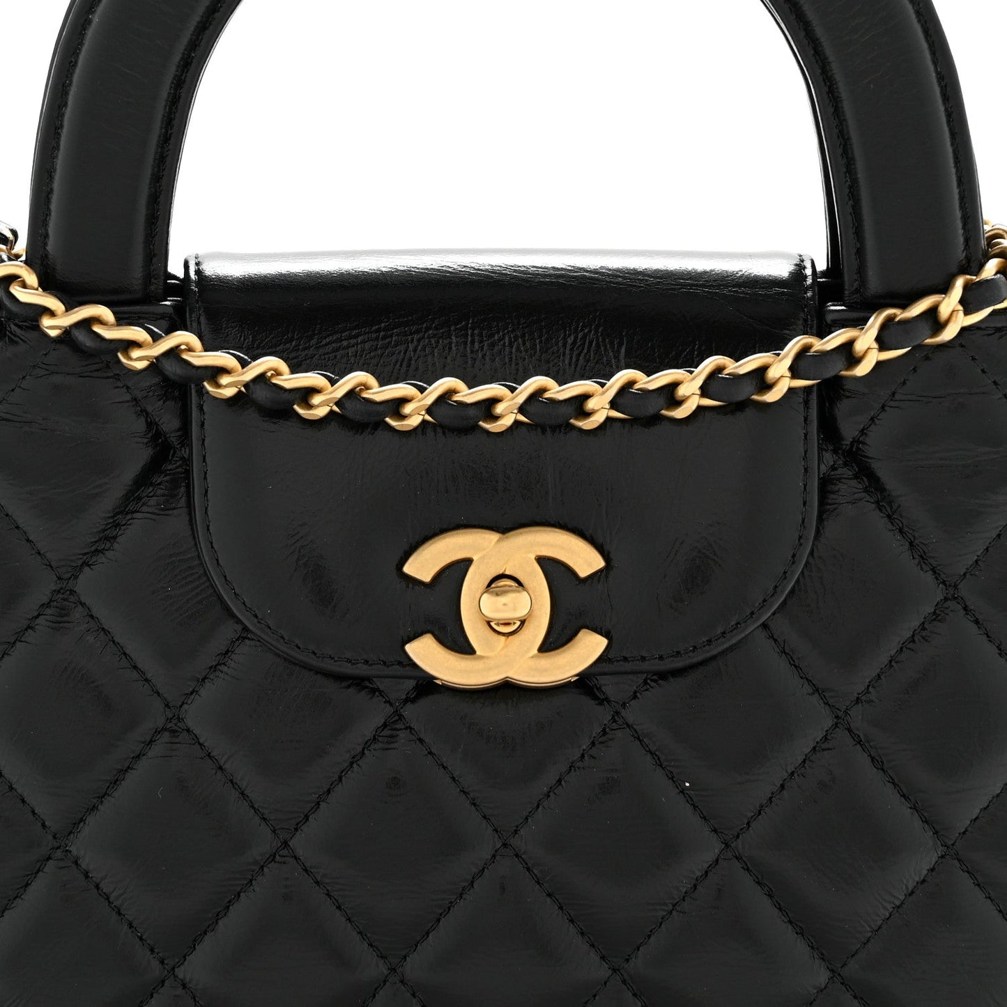 Shiny Aged Calfskin Quilted Nano Kelly Shopper Black