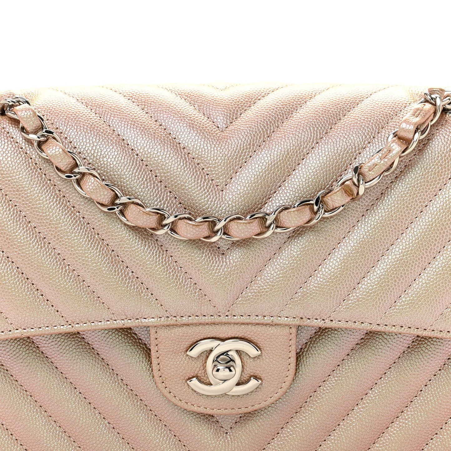 Metallic Caviar Chevron Quilted Medium Double Flap Light Gold