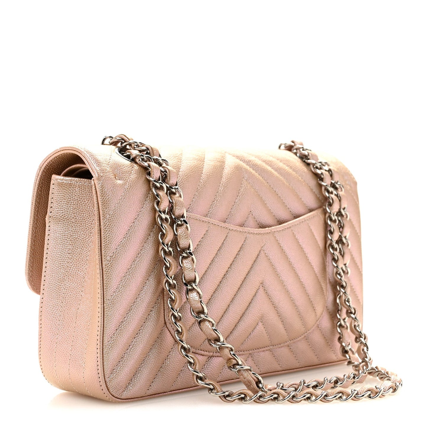 Metallic Caviar Chevron Quilted Medium Double Flap Light Gold