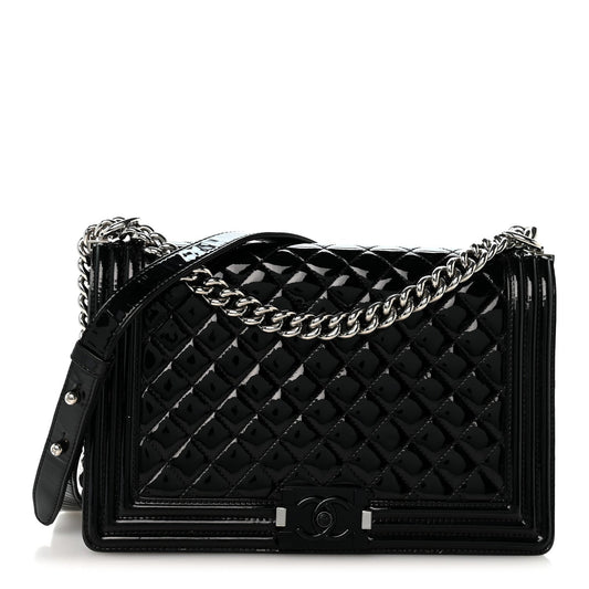 Patent Calfskin Quilted New Medium Plexiglass Boy Flap Black