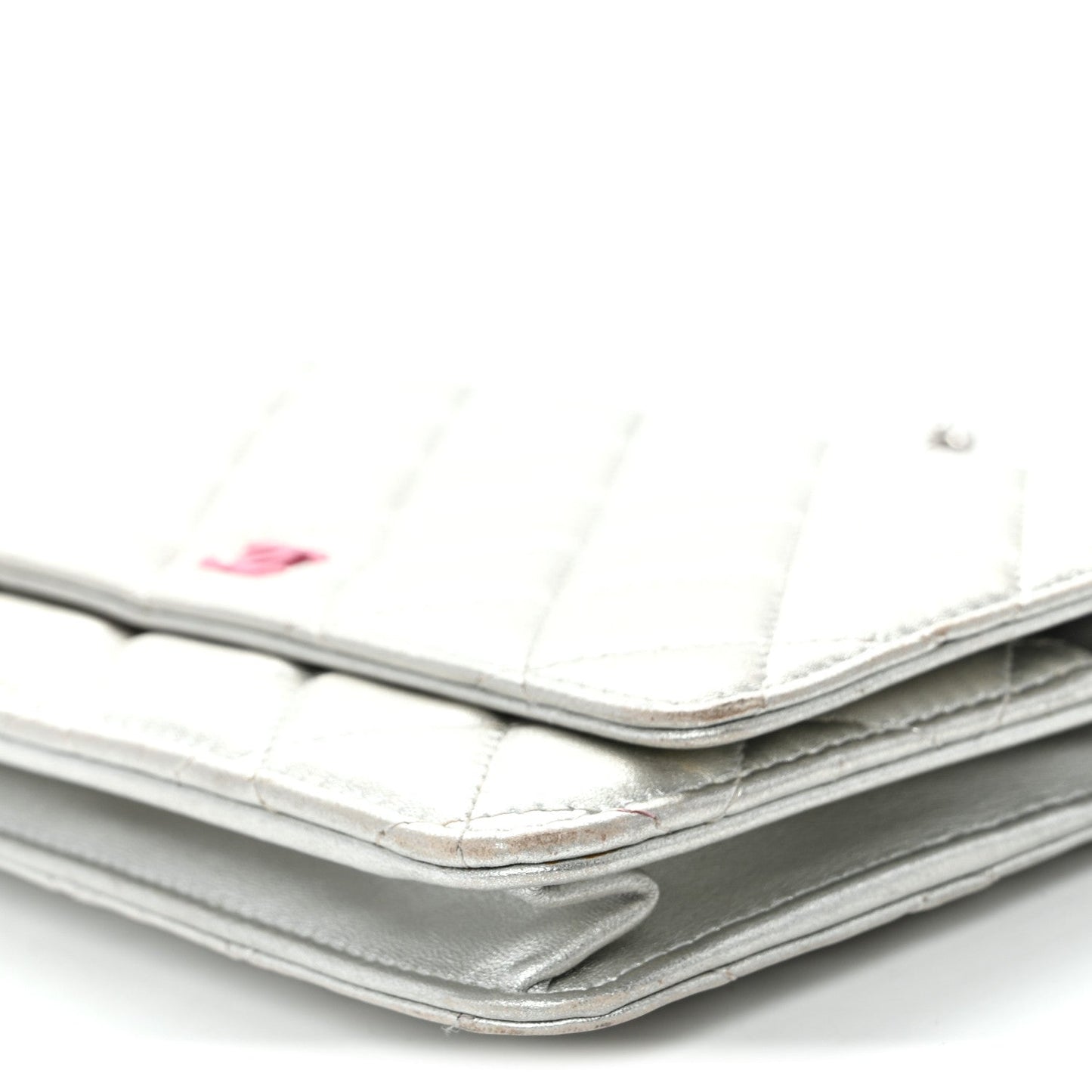 Metallic Lambskin Quilted Wallet On Chain WOC Silver
