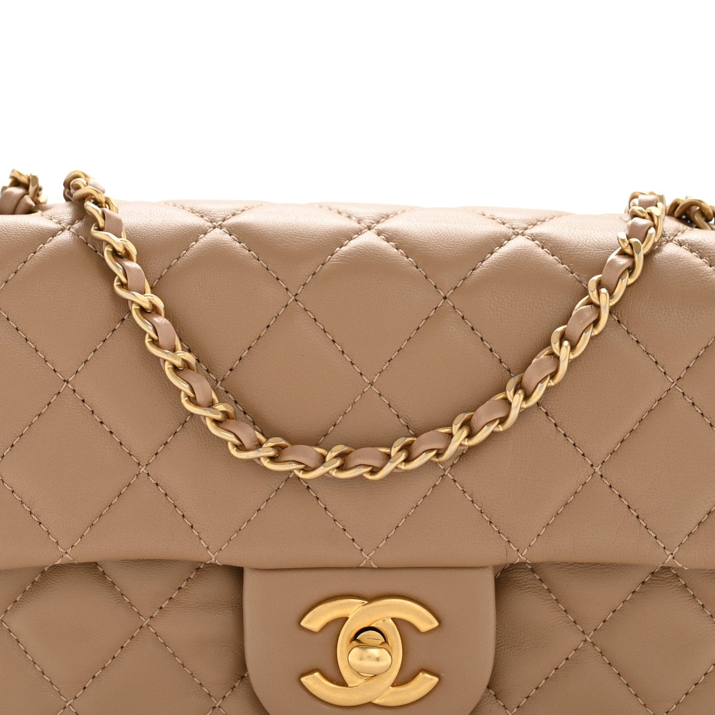 Lambskin Quilted Mini Rectangular Pearl Crush Flap Beige