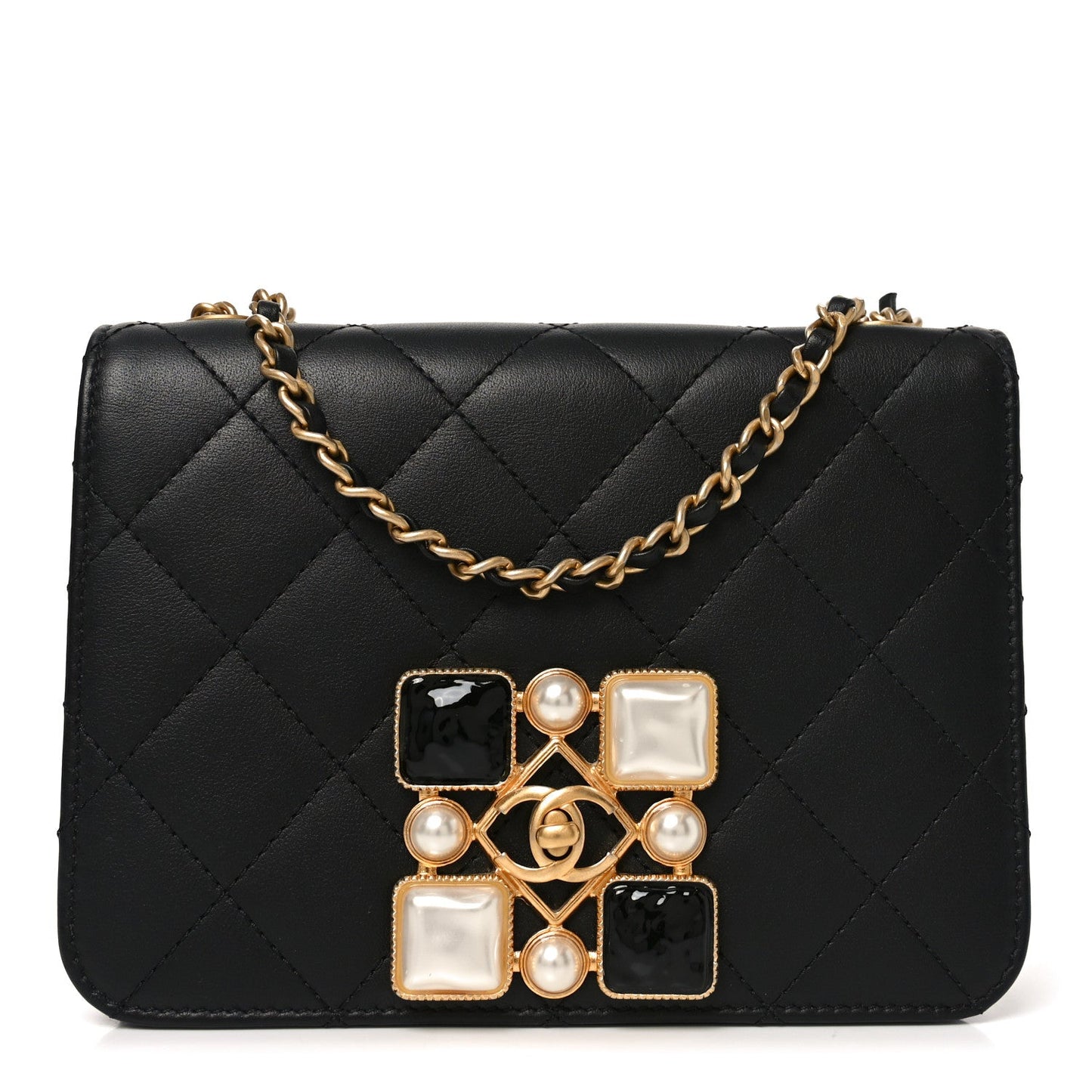 Calfskin Quilted Crystal Pearl Small Flap Bag Black