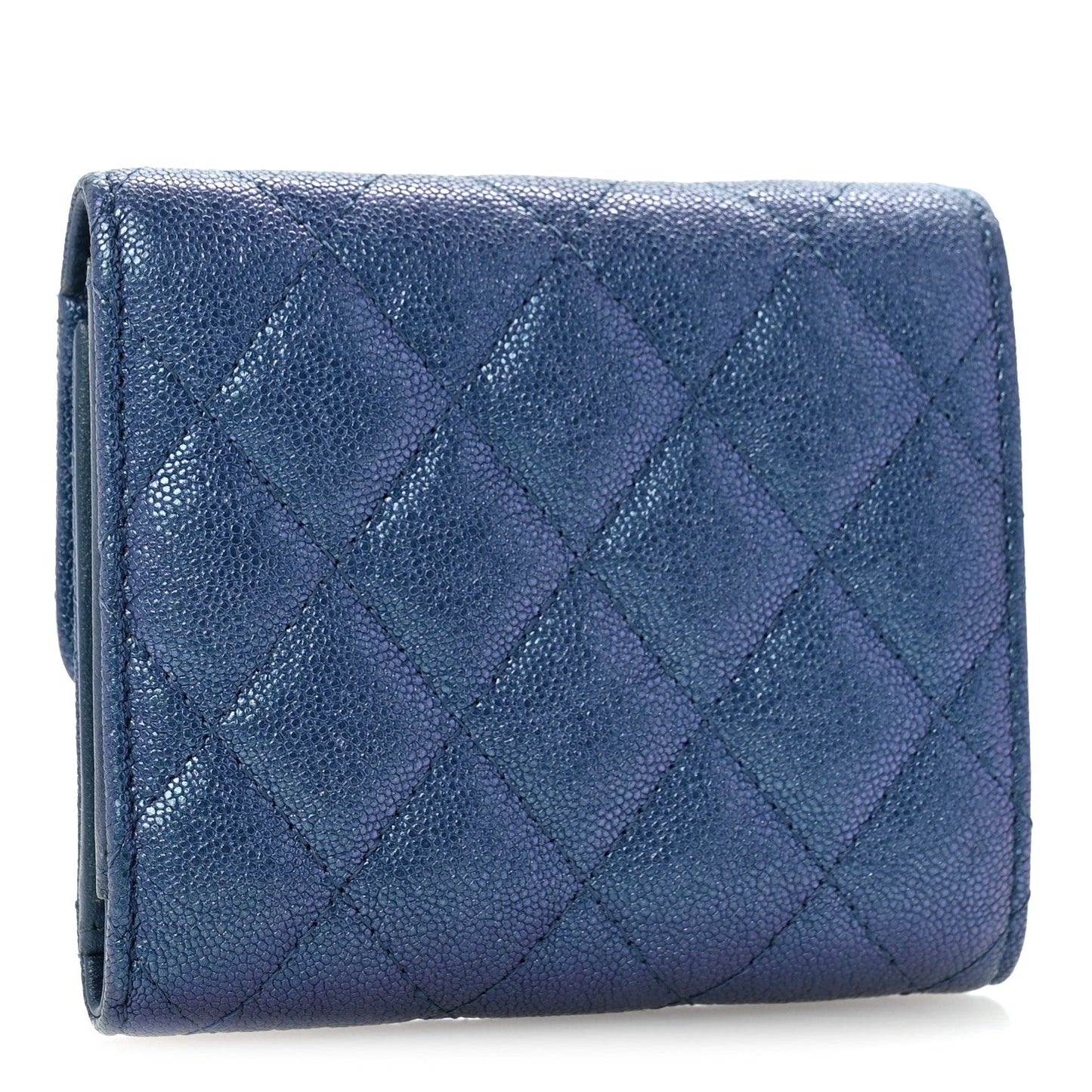 Iridescent Caviar Flap Quilted Card Holder Wallet Dark Blue