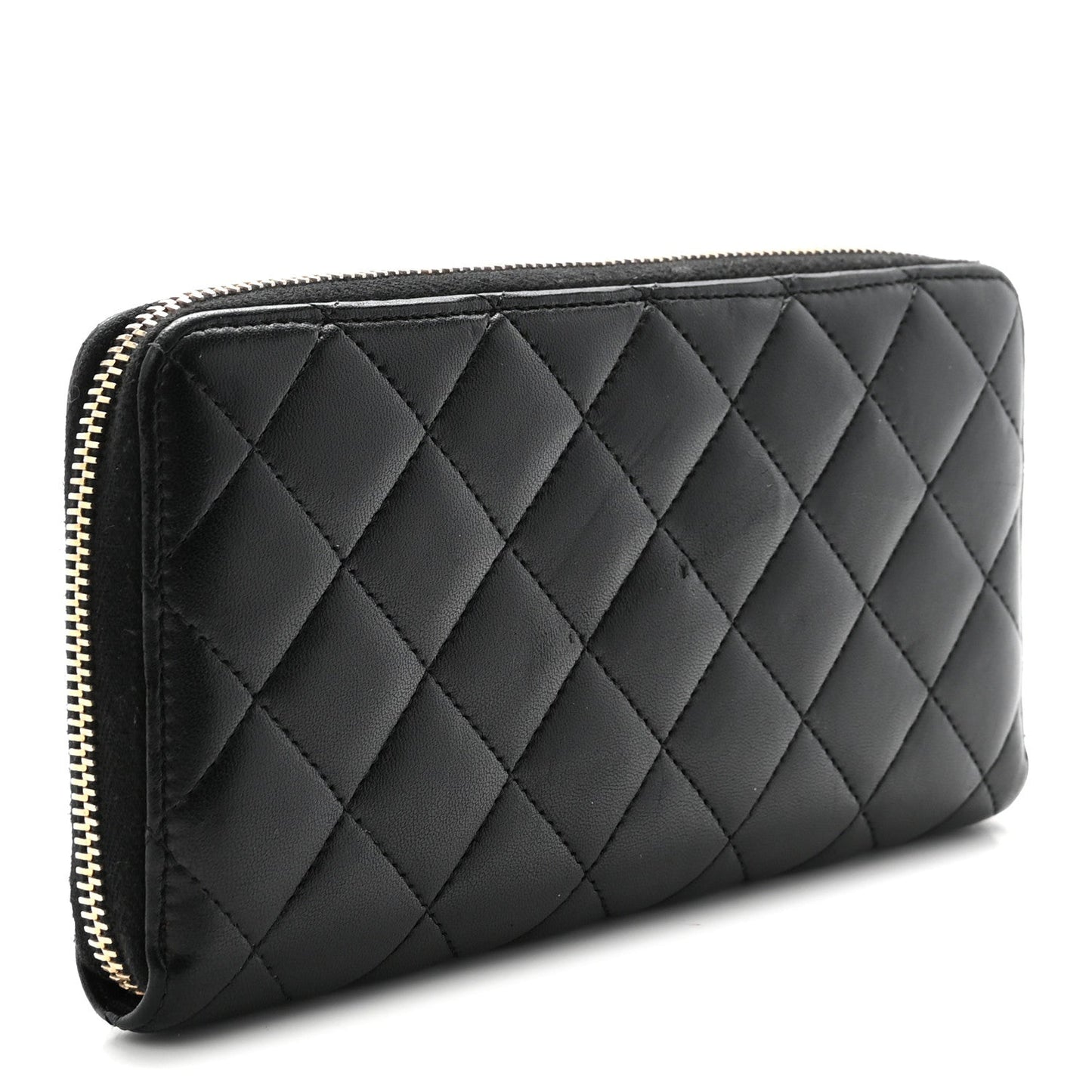 Lambskin Quilted Large Gusset Zip Around Wallet Black