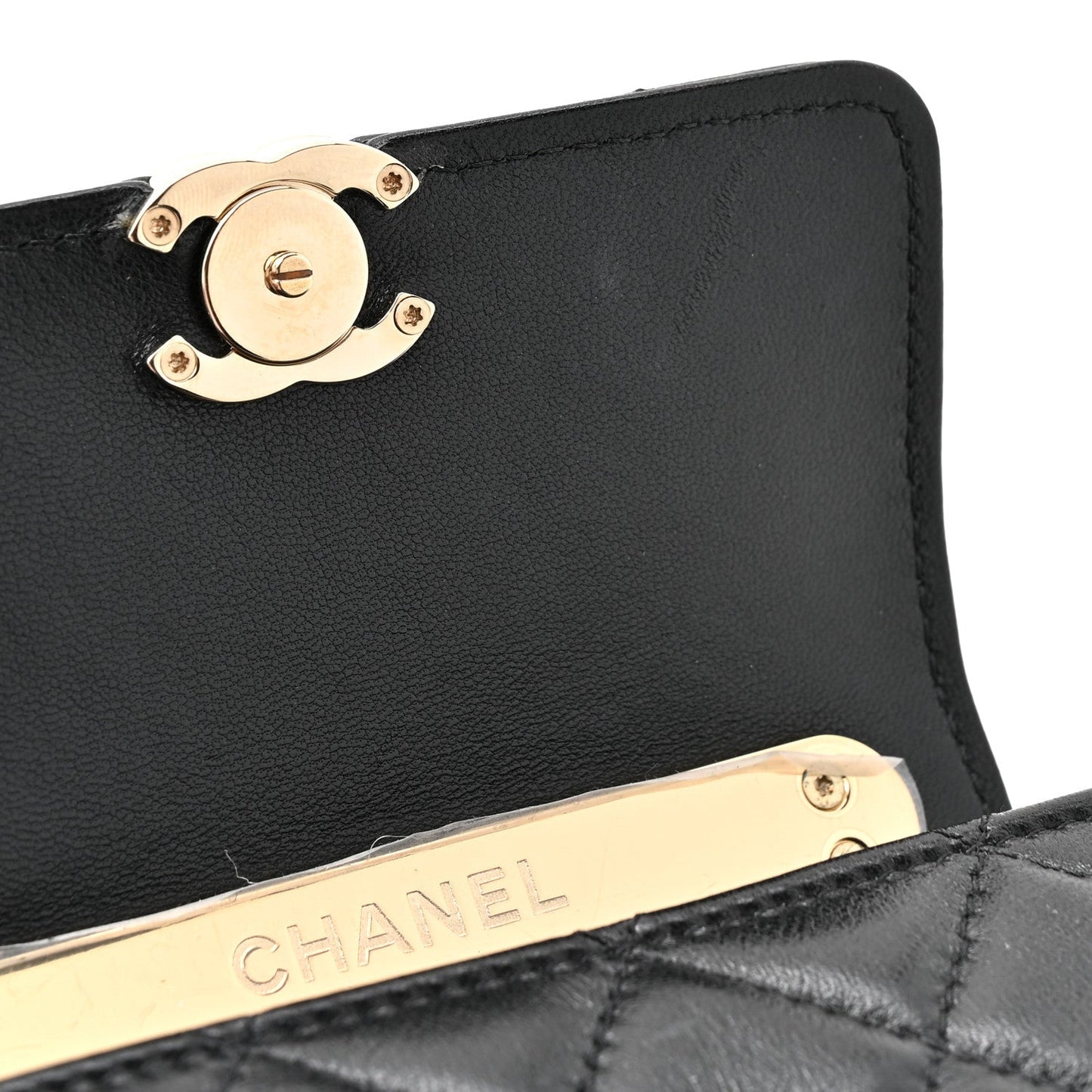 Lambskin Metal Quilted Top Handle Flap Clutch With Chain Black