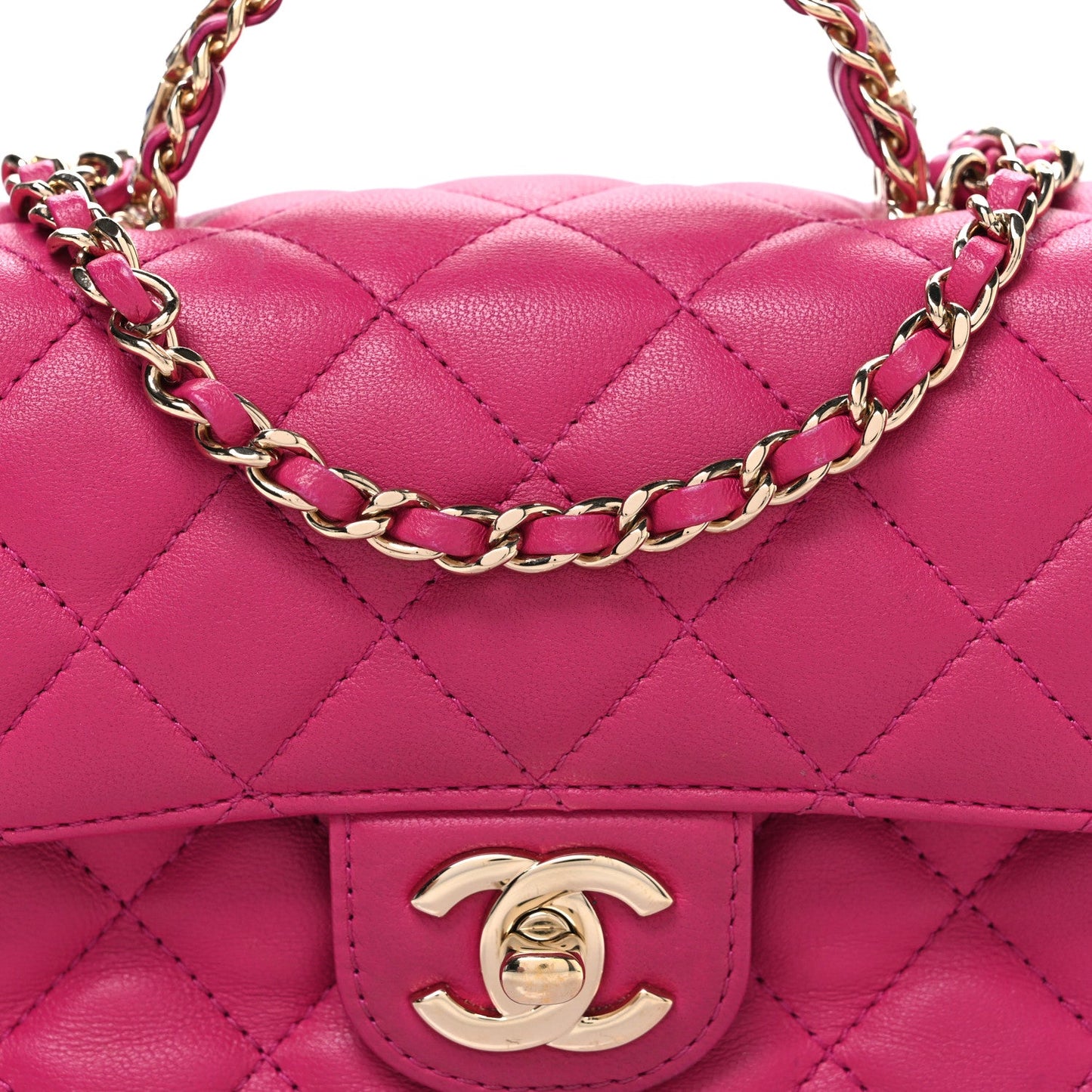 Lambskin Quilted Mini Crystal Top Handle Rectangular Flap Dark Pink