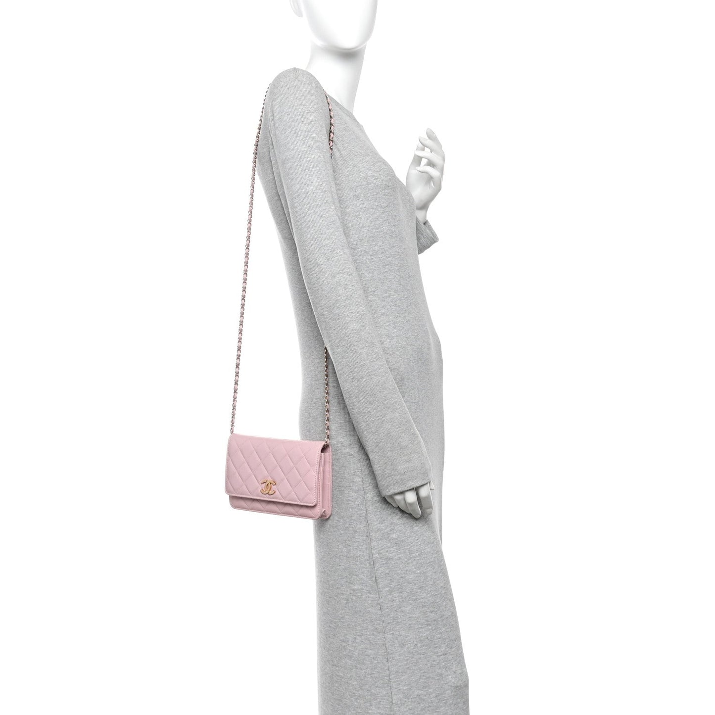 Caviar Quilted Studded CC Wallet on Chain WOC Light Pink