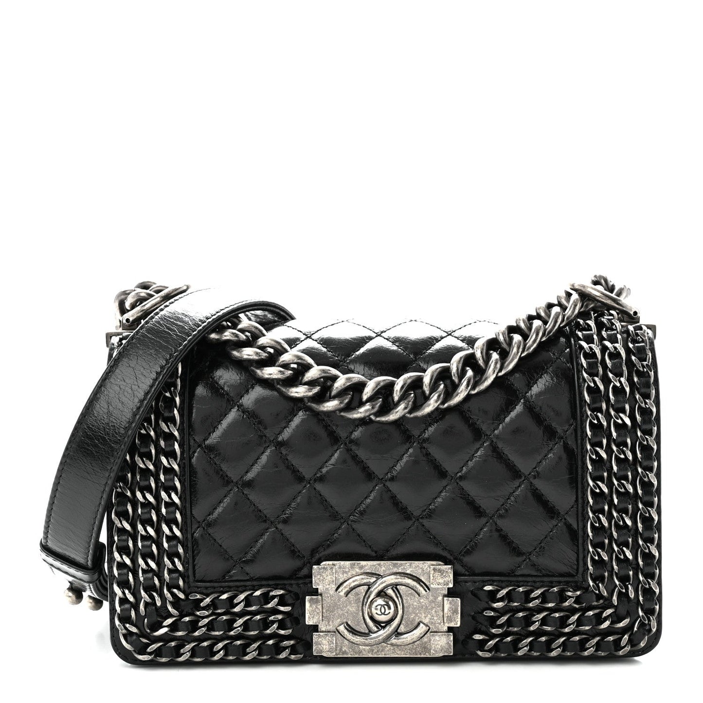 Glazed Calfskin Quilted Small Boy Chained Flap Black