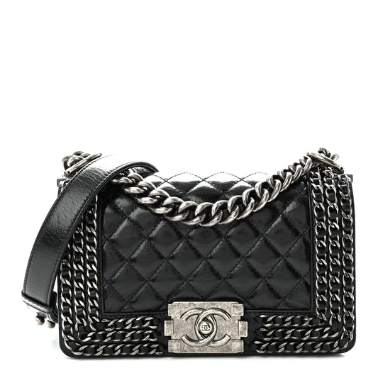 Glazed Calfskin Quilted Small Boy Chained Flap Black