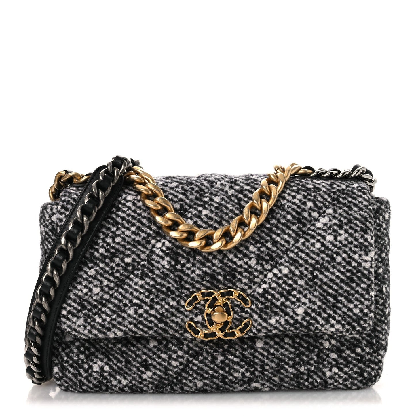 Tweed Quilted Medium Chanel 19 Flap Black White