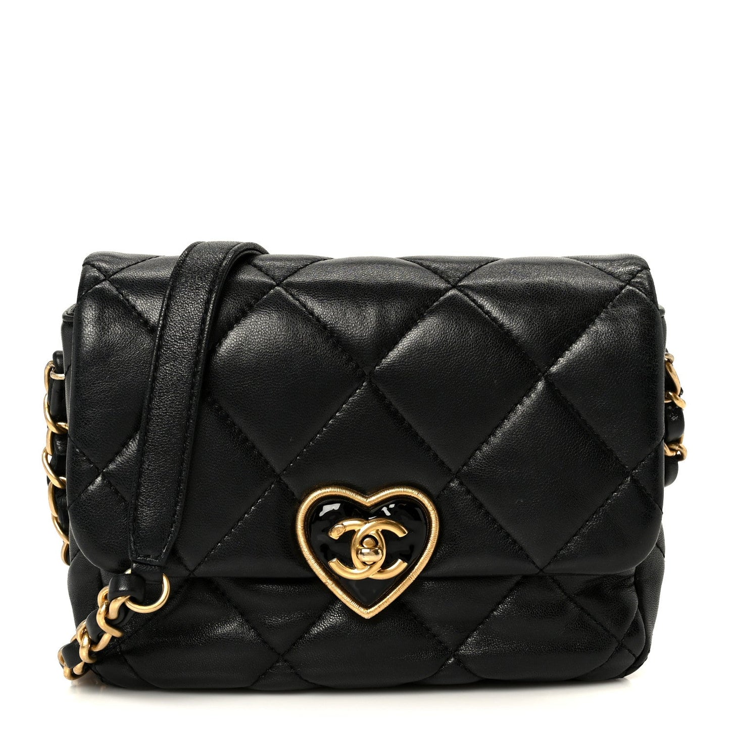 Lambskin Resin Quilted Mini Heart Square Flap Black