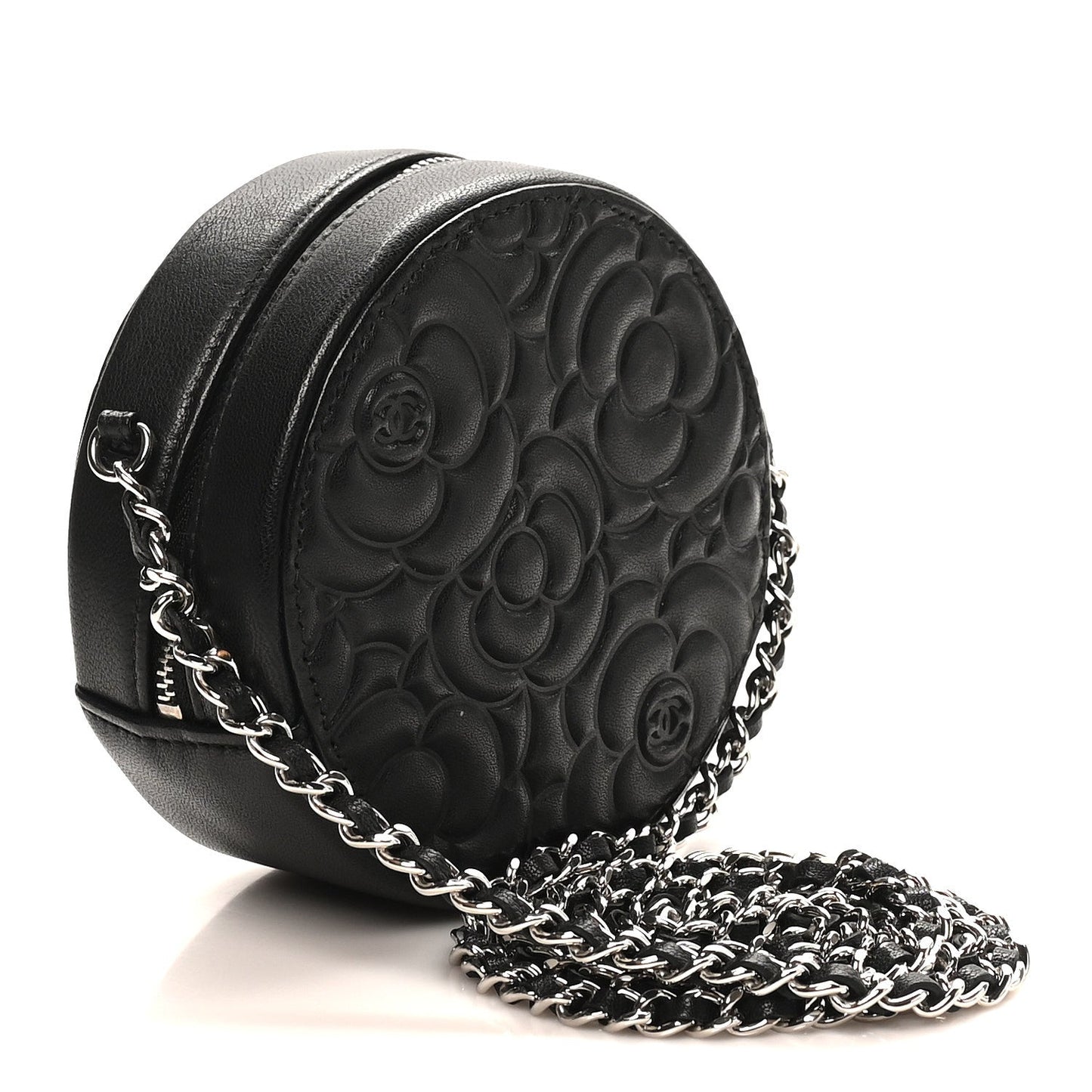 Goatskin Camellia Quilted Round Clutch With Chain Black