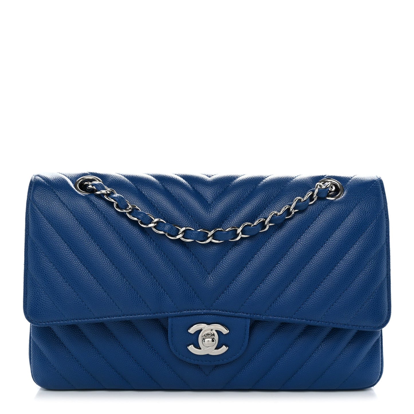 Caviar Chevron Quilted Medium Double Flap Blue