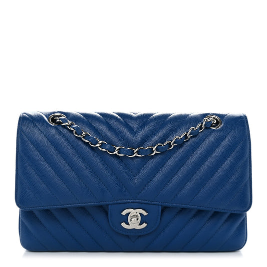 Caviar Chevron Quilted Medium Double Flap Blue